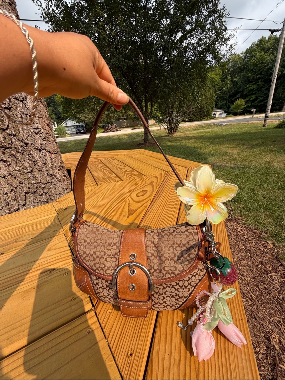 Coach Brown Signature Canvas Shoulder Bag with Leather Trim